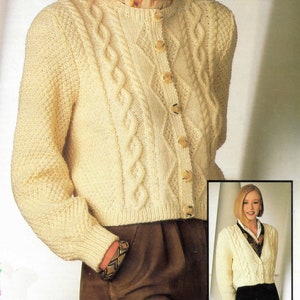 Aran ladies V neck round neck button up long sleeve short length cardigan knitting pattern PDF 30-40&quot;, Instant download, Vintage pattern PDF