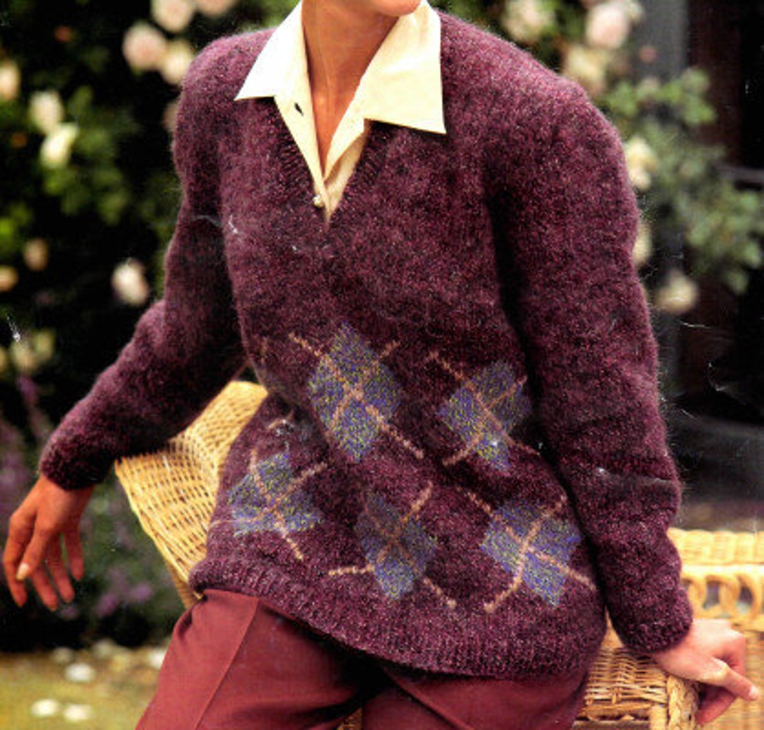 Ladies Argyle Sweater V Neck Long Sleeve Chunky Knit Knitting