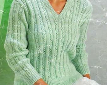 Women's crew v neck long sleeve ribbed sweater top knitting pattern PDF 32-44", 1980's Double knitting Instant download, Vintage pattern PDF