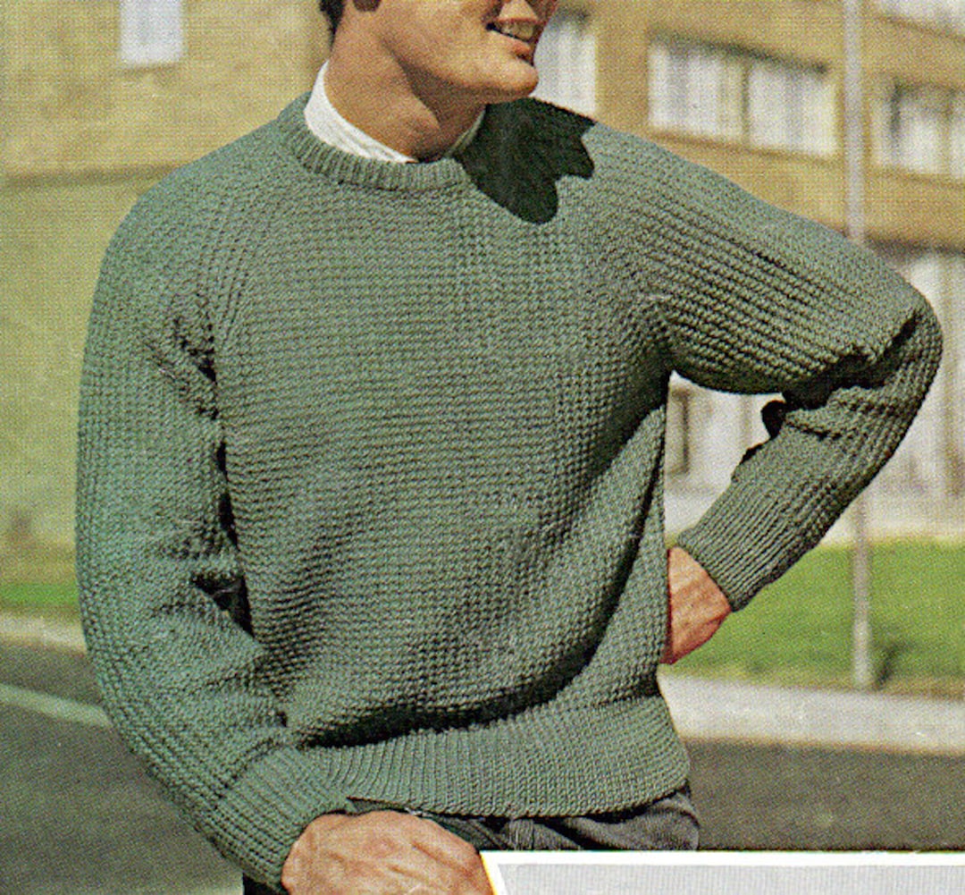 Mens Knitting Pattern K5809 Mens Round or Button Neck Rib and