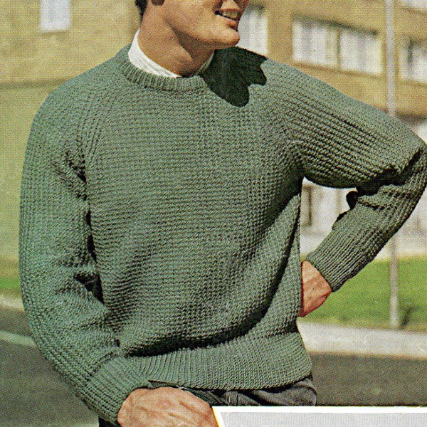 Men's sweater knitting pattern, round neck raglan long sleeve jumper, Fisherman ribbed DK 36-46" Instant download PDF 1960's Vintage pattern