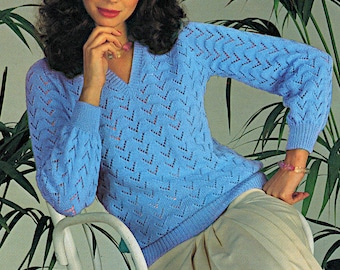 Patrón de tejido de 4 capas para suéter de encaje casual con cuello en V para mujer, PDF, busto de 32 a 38 pulgadas, moda de los años 80, descarga instantánea, PDF de patrón vintage