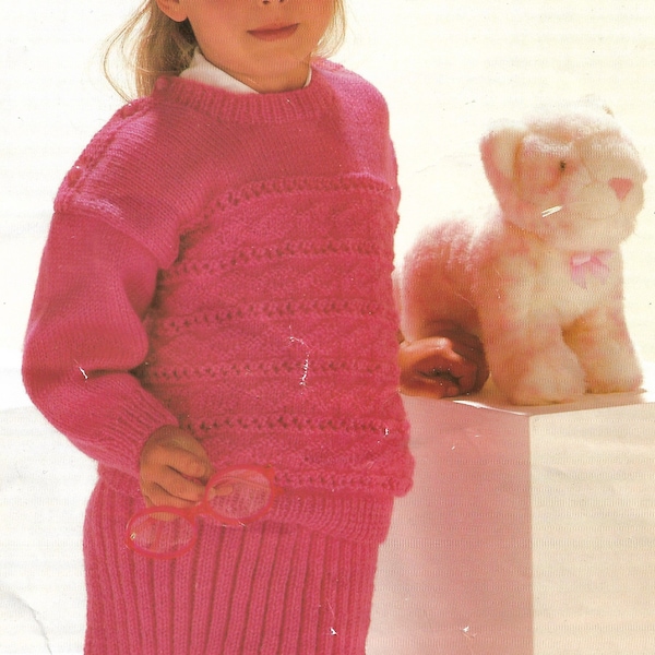 Skirt and sweater suit for girl's DK knitting pattern PDF 22-28", Double knitting Instant download, Children's 1980's Vintage pattern PDF