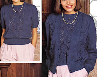 Twinset Langarm Cardigan Kurzarm Pullover, Rundhals 4 Ply Strickmuster, PDF 32-42" Sofort download, 1980s digital PDF