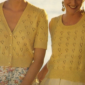 Short sleeve button up patterned cardigan and vest for women summer knitting pattern PDF 30-44&quot;, Double knitting, Instant download PDF