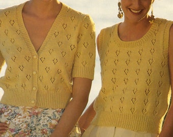 Short sleeve button up patterned cardigan and vest for women summer knitting pattern PDF 30-44", Double knitting, Instant download PDF