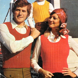 Unisex Familie Pullunder Tanktop Rundhals ärmellos Dreizack DK Strickanleitung PDF 24-42", 1970er retro Sofort download Strickanleitung PDF