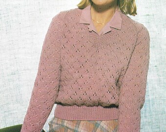 Women's V neck lacy short length sweater top knitting pattern PDF 30-40", 1980's Double knitting Instant download, Vintage pattern PDF