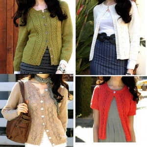 May include: Four different women's cardigans in various colours and styles. The cardigans are all open at the front and have a button fastening. The cardigans are made of different materials, including knit and lace.