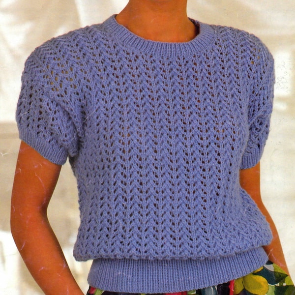 Ladies round neck short sleeve lacy sweater top for summer knitting pattern PDF 28-40", Double knitting Instant download, knit pattern PDF