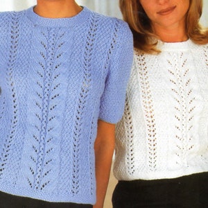 Ladies summer top round neck short sleeve lacy sweater knitting pattern PDF 28-40&quot;, Double knitting Instant download, retro pattern PDF