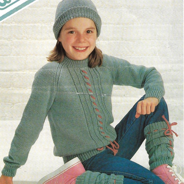 Leg warmers, crew neck sweater jumper and bobble hat for girl's DK knitting pattern PDF 24-32", Children's double knitting Instant download