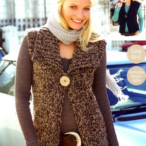 Women&#39;s waistcoat gilet chunky knit V neck sleeveless button up winter knitting pattern PDF 32-54&quot;, Instant download, Vintage pattern PDF