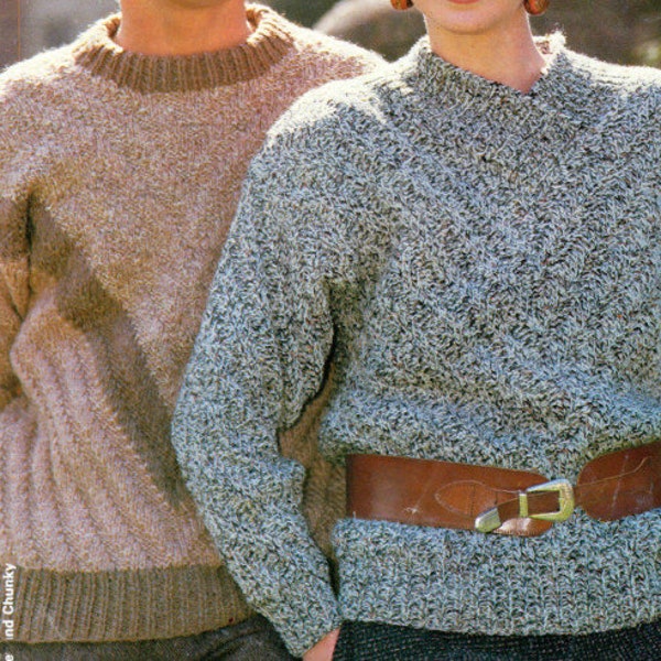 Unisex crew neck wrap V neck long sleeve sweater top men women DK knitting pattern PDF 32-42", 1980's Double knitting Instant download PDF