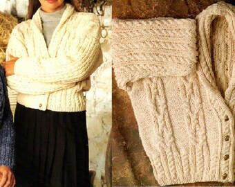 Aran V neck collar button up long sleeve cardigan for women winter knitting pattern PDF 28-42", 1980s Instant download, Vintage pattern PDF