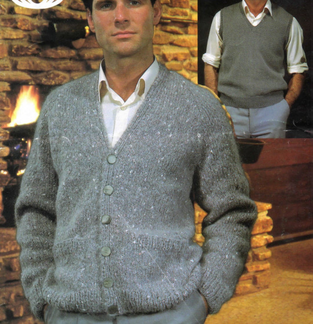 Men's V Neck Long Sleeve Slipover Tanktop Cardigan Knitting Pattern PDF ...