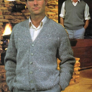 Herren Cardigan Tank Top Strickmuster, V-Ausschnitt Langarm Pullunder Pullover Top 34-44" Brust DK Strick, Sofortiger Download PDF, Vintage Anleitung