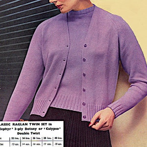 Women&#39;s Twinset cardigan and round neck sweater top summer knitting pattern PDF 32-40&quot;, 1960&#39;s fashion 3 ply knitting Instant download PDF