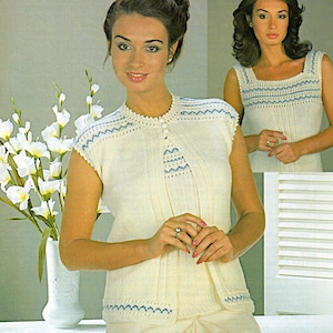 Lady&#39;s Summer Top and 3 button Cover Up Double Knit knitting pattern, PDF 32-38&quot; Instant download, 1980&#39;s fashion digital PDF