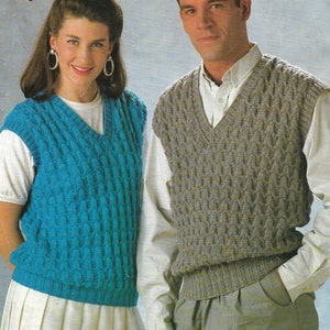 Men&#39;s and women&#39;s V neck slipover tank top sweater knitting pattern PDF 32-46&quot;, DK knit pattern Instant download, 1980&#39;s Vintage pattern PDF