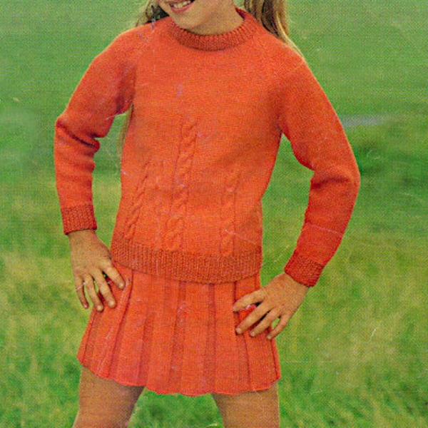 Girl's jumper suit long sleeve jumper and short skirt DK knitting pattern PDF 24-30", Children's 1970's Vintage pattern Instant download PDF