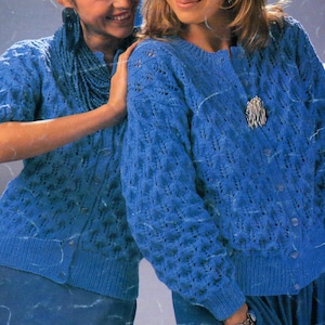 Ladies round neck long short sleeve cardigan sweater top knitting pattern PDF 30-40&quot;, 1980s Double knitting, Instant download, pattern PDF