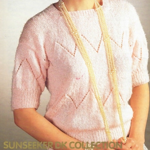 Womens Summer top knitting pattern, round neck short sleeve sweater jumper vest 30-40&quot;, 1980&#39;s vintage knit pattern, Instant download PDF