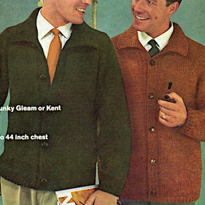 Cárdigan de hombre abotonado, cuello en V con cuello, patrón de punto manga larga PDF 38-44&quot;, patrón Descarga instantánea, Patrón Vintage años 1960 PDF