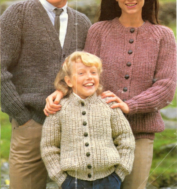 Chunky knit fishermans rib V neck round neck cardigan for family double knit knitting pattern PDF 26 42