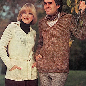 His and Her's  v neck sweater Chunky/Pullman wool knitting pattern PDF 32-46", knitting pattern Instant download, 1980's Vintage pattern PDF