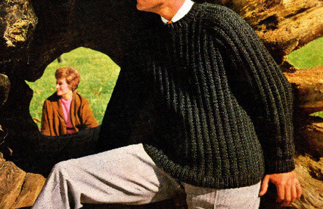 Men's Ribbed Sweater Knitting Pattern, Crew Round Neck Long Sleeve