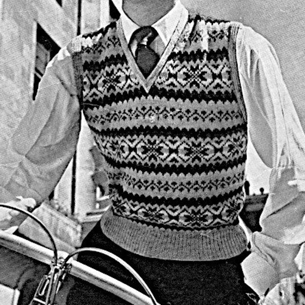 Men's v neck sleeveless pullover knitting pattern PDF  Fair Isle Fingering knitting pattern Instant download, 1950's Vintage pattern PDF