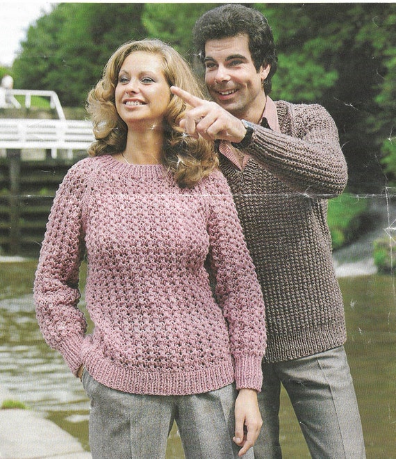 Mens chunky knit V neck sweater and womens round neck sweater knitting  pattern PDF 34-42