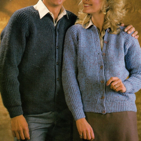 Mens and womens button up cardigan jackets knitting pattern PDF 34-44"  1980's unisex DK Instant download, Vintage pattern digital download