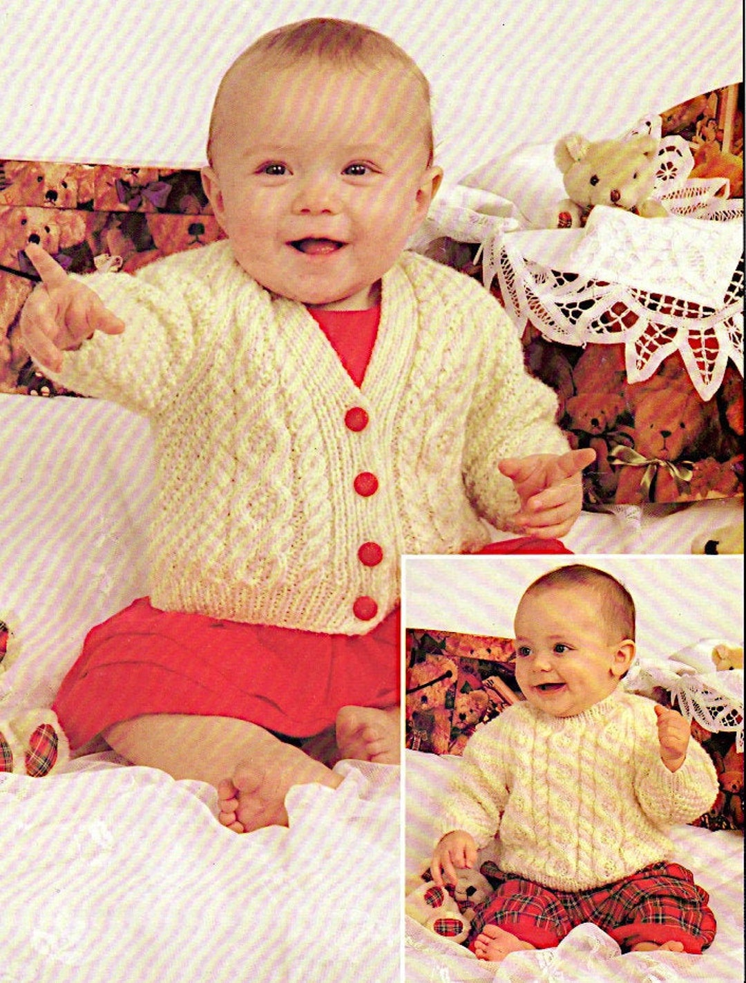 Baby's V Neck Cardigan and Round Neck Sweater DK Knitting Pattern PDF