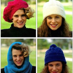 May include: Four different knitted hats and scarves in various colors, including red, white, blue, and turquoise. The hats are all different styles, including a beret, a beanie, and a slouchy hat. The scarves are all different lengths and styles.