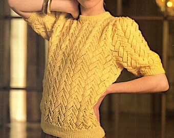 Suéter de encaje de manga corta para mujer en merino 4 ply PDF 30-40", patrón de tejido de 4 capas de moda de 1980, descarga instantánea, patrón vintage PDF