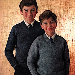 Puede incluir: Dos niños con suéteres azules de cuello en V con camisas blancas de cuello debajo. El niño de la izquierda lleva un suéter azul oscuro y una corbata azul oscuro. El niño de la derecha lleva un suéter azul claro y una corbata azul oscuro.