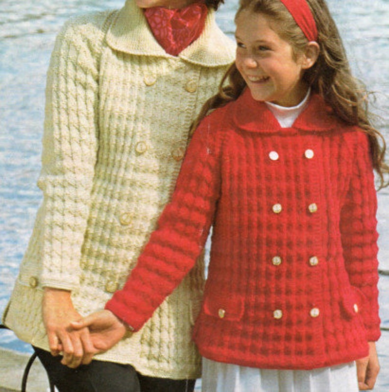 1970s Vintage Instant download PDF Girls womens jacket with collar cable knit button up cardigan children Aran knitting pattern PDF 26-36