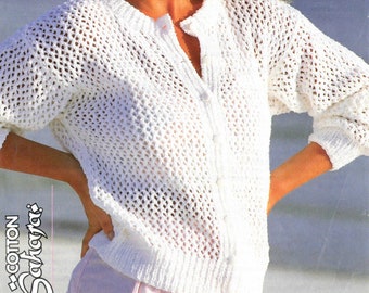 Womens summer lacy cotton round neck cardigan top button up knitting pattern PDF 30-40", 1980s Double knitting Instant download, pattern PDF