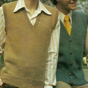 Men&#39;s V neck slipover tank top sweater waistcoat knitting pattern PDF 36-46&quot;, knit pattern Instant download, 1970&#39;s Vintage pattern PDF