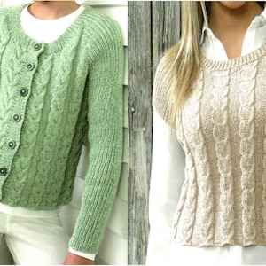 Womens girls fitted top sweater and round button up long short sleeve cable DK vintage knitting pattern PDF 28-46&quot;, Instant download PDF
