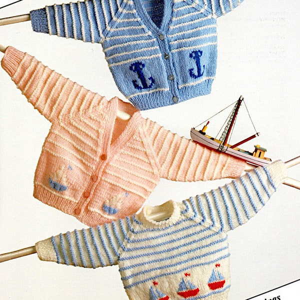 Baby unisex button up Cardigan and sweater long sleeve DK knitting pattern 18-24", babies Vintage knit pattern instant download PDF