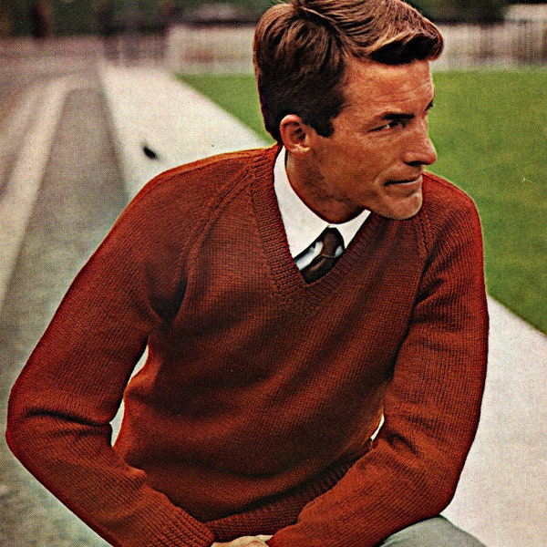 Men's V neck long sleeve sweater Double knit knitting pattern PDF 38-40", DK knit pattern Instant download, 1960's Vintage pattern PDF