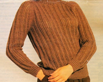 Ladies lacy ribbed long sleeve sweater DK knitting pattern PDF 32-42", 1980s vintage Double knitting Instant download, digital pattern PDF