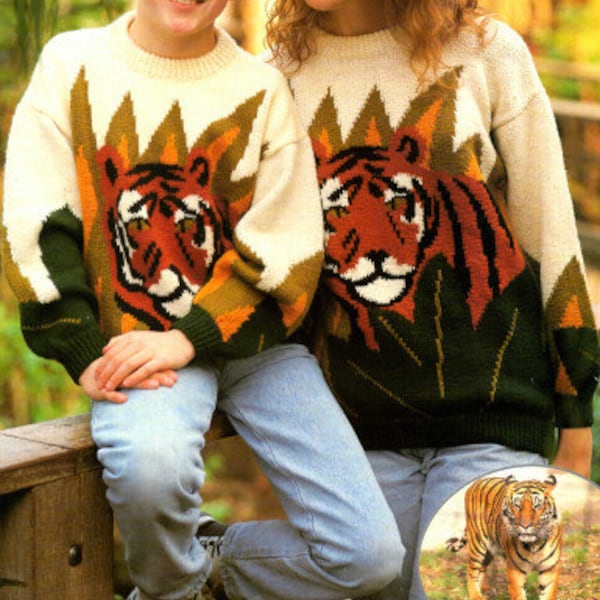 Child adult unisex tiger round neck chunky sweater jumper DK knitting pattern PDF 26-40", Boys girls vintage pattern Instant download PDF