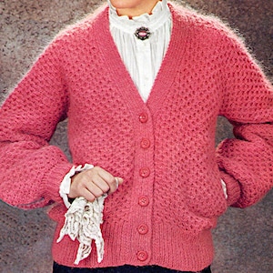 Ladies cardigan button up v neck long sleeve knitting pattern PDF 32-40&quot;, Ladies 1980&#39;s knitting pattern Instant download retro pattern PDF