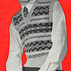 Men&#39;s v neck Fair Isle sleeveless pullover pattern PDF  2-Ply Fingering wool knitting pattern Instant download, 1950&#39;s Vintage pattern PDF