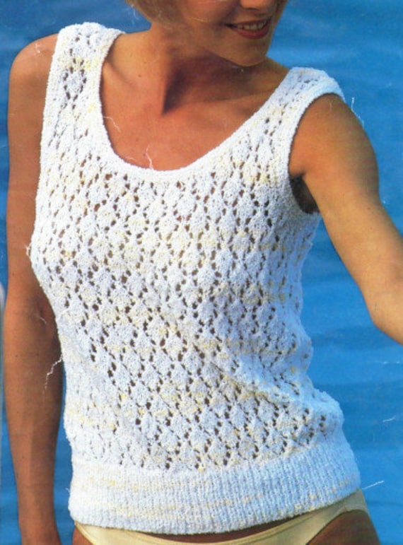 Lacy Womens Summer Vest Top Round Neck Sleeveless DK Knit Pattern
