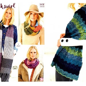 Dames sjaals winterkleding kap gestreepte sjaal Batik swirl dubbel breien DK patroon, One size, Instant download, vintage breipatroon PDF